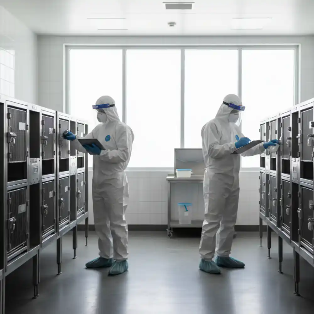 Veterinary personnel in full PPE conducting facility biosecurity audit