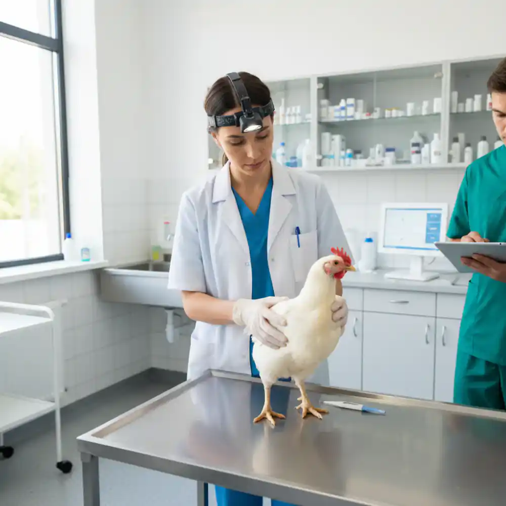 Veterinarian carefully examining a chicken in a clinical setting