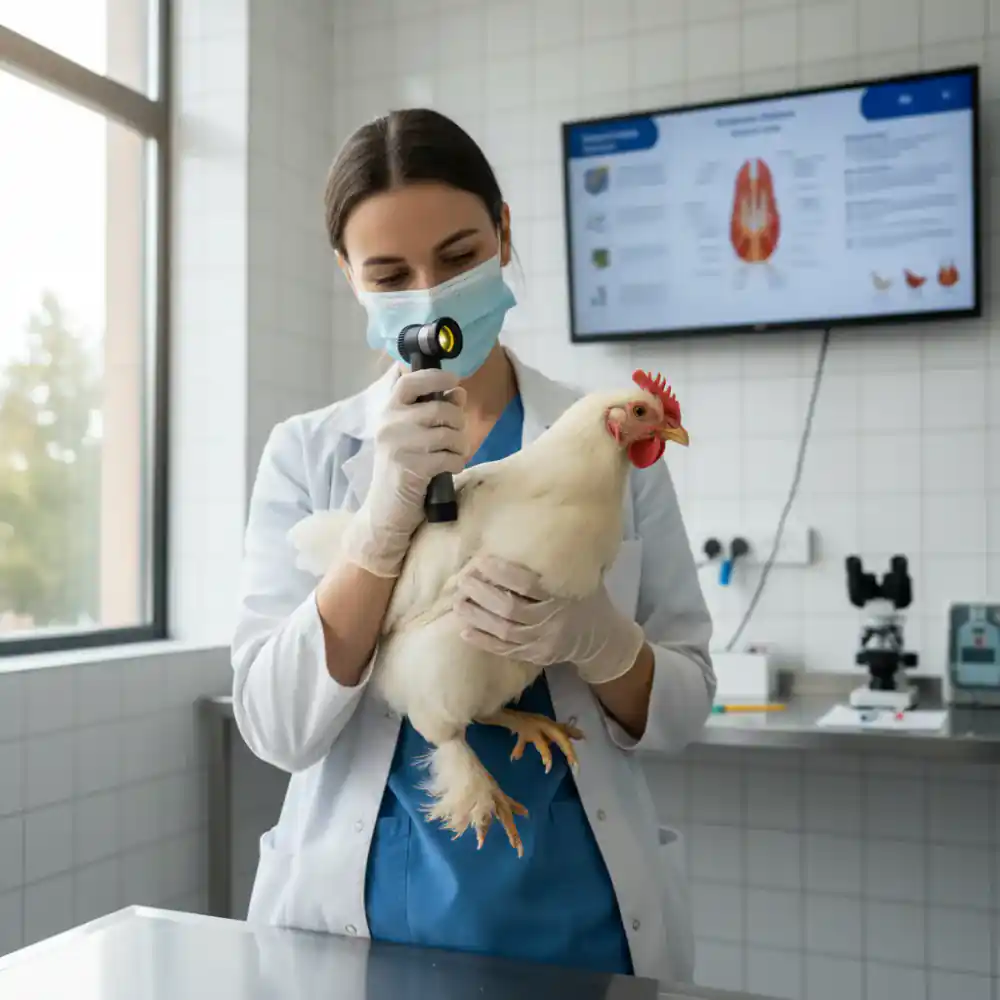 Veterinarian carefully examining a white chicken in a clinical farm setting