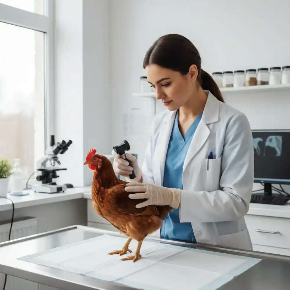 Veterinarian examining a chicken in a clinical setting
