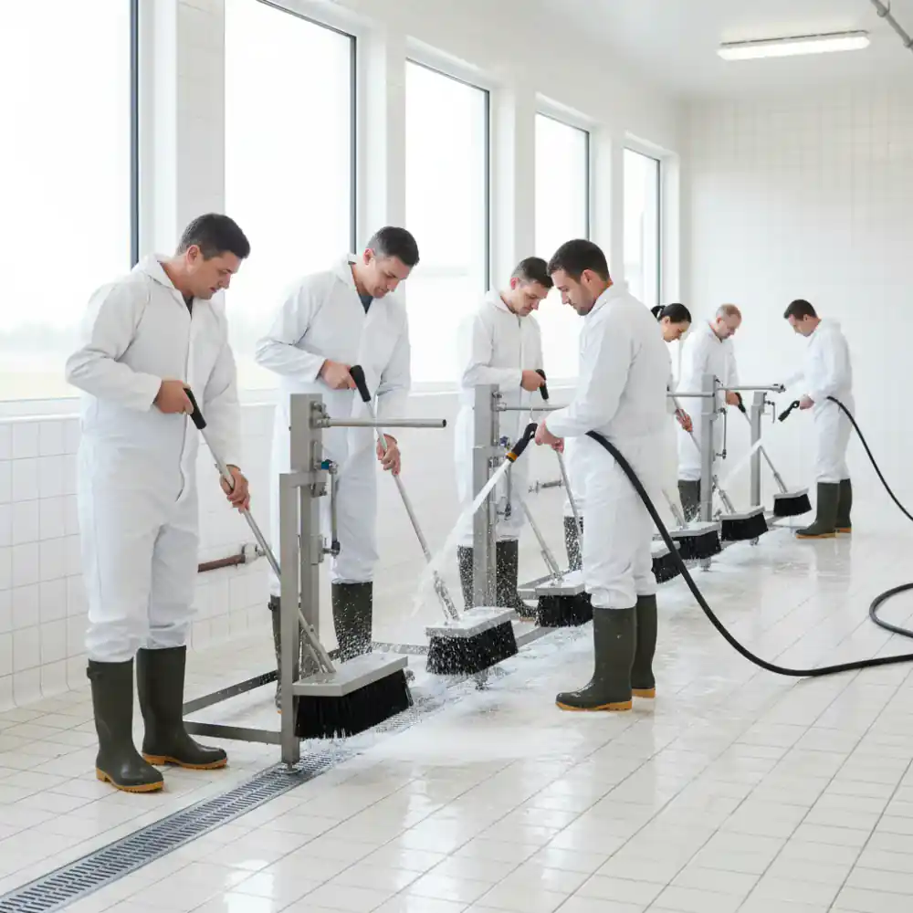 Farm staff utilizing a boot washing station