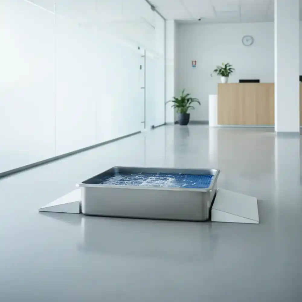 Properly maintained sanitizing footbath at facility entrance