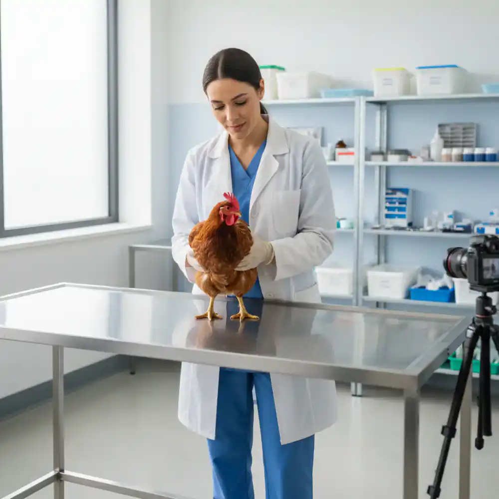 Veterinarian examining a healthy chicken in a clean facility