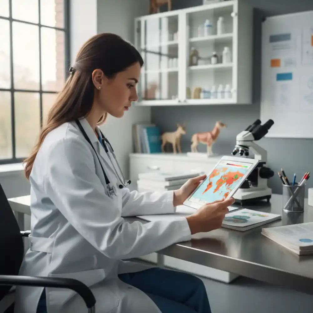 Veterinarian reviewing disease surveillance maps on a tablet