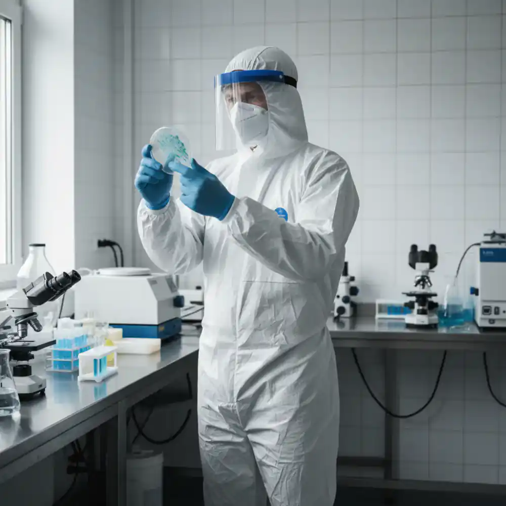 Veterinary researcher in protective gear