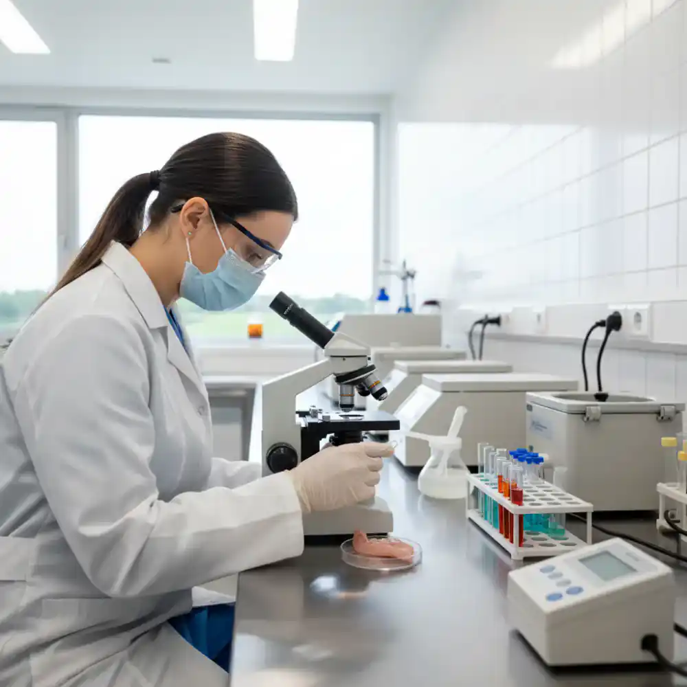 Veterinary technician analyzing poultry samples in a sterile lab